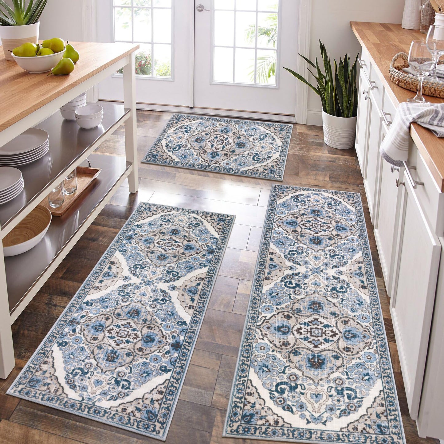HEBE Farmhouse Kitchen Rugs Sets of 3 Non Slip Washable Boho Kitchen Rugs and Mats for Floor Kitchen Runner Rug Floor Carpet for Kitchen, Laundry, Hallways