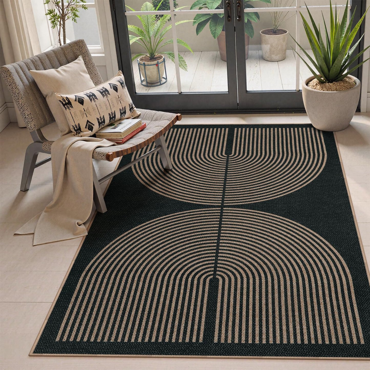 Lahome Modern Rainbow Easy Jute 4x6 Rug, Outdoor Patio Rug for Living Room Washable Black Carpet for Bedroom, Contemporary Non Slip Non Shedding Floor Carpet for Office Backyard