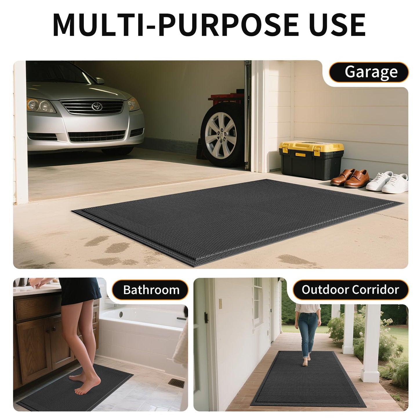 QiCaiJia Front Door Mat 20''x31'', Drainage Heavy Duty Dirt Trapping Non-Slip Doormats, Outdoor Rubber Floor Mats, Restaurant Commercial Kitchen Industral Pool Entrance Bar Wet Area, Black