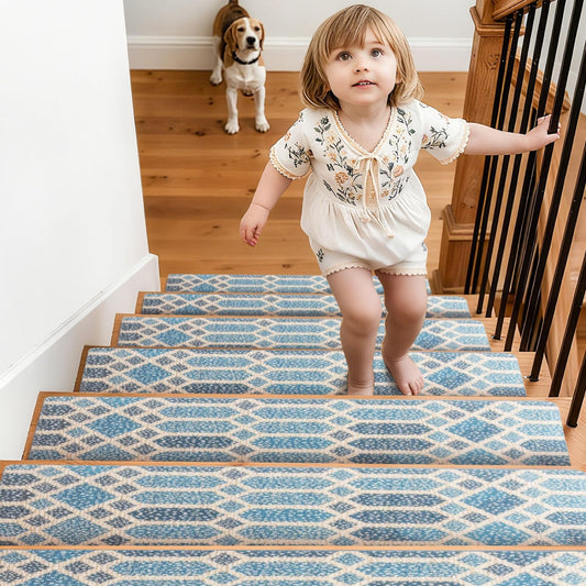 Calore Stair Treads for Wooden Steps Indoor Runner Rug, 15 Pack 8" X 30" Non Slip Carpet with Reusable Adhesive for Kids Elders and Dogs, Peel and Stick Stairs Treads (Blue Grey, 8 X 30inch)