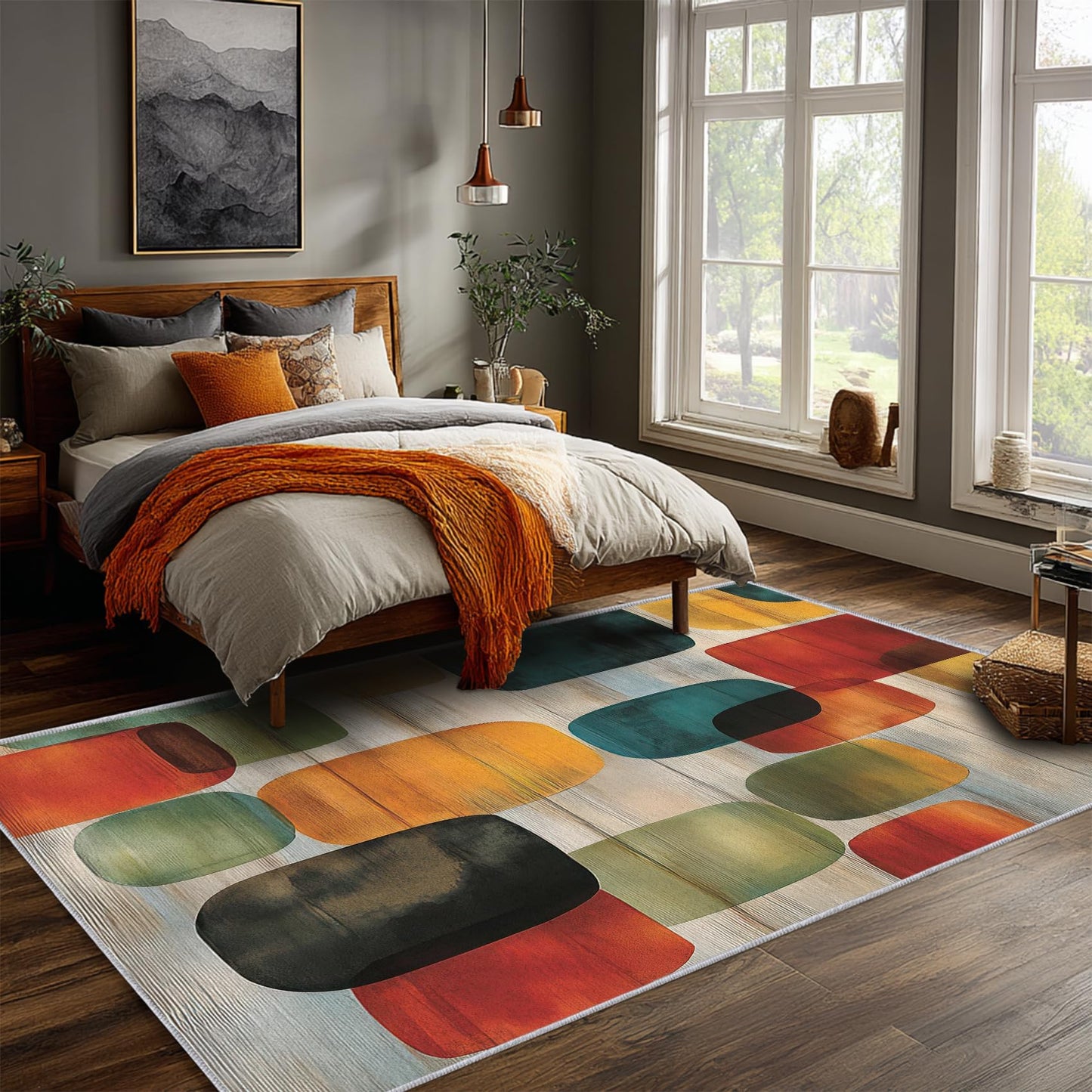 Tzvjxln Mid Century Geometric Area Rug 5x8 ft, Retro Color Block Abstract Statement Rug, Low Pile Non-Slip Washable Indoor Rug for Living Room Bedroom