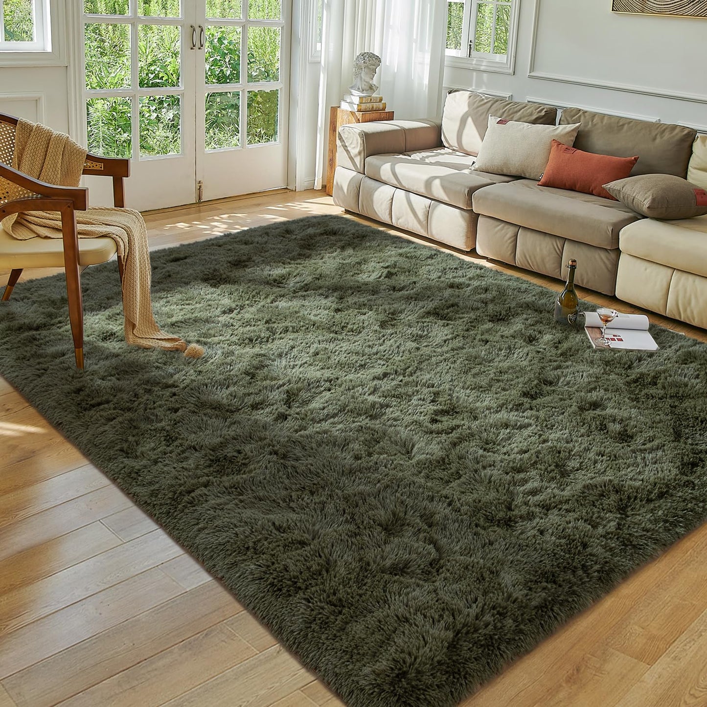 Softlife Rug for Bedroom 4x5.3 Feet Area Rug for Living Room Super Soft Shaggy Rugs for Kids Room Fluffy Fuzzy Carpets Long Plush Bedside Rug Nursery Christmas Home Decor for Boys Girls, Olive Green