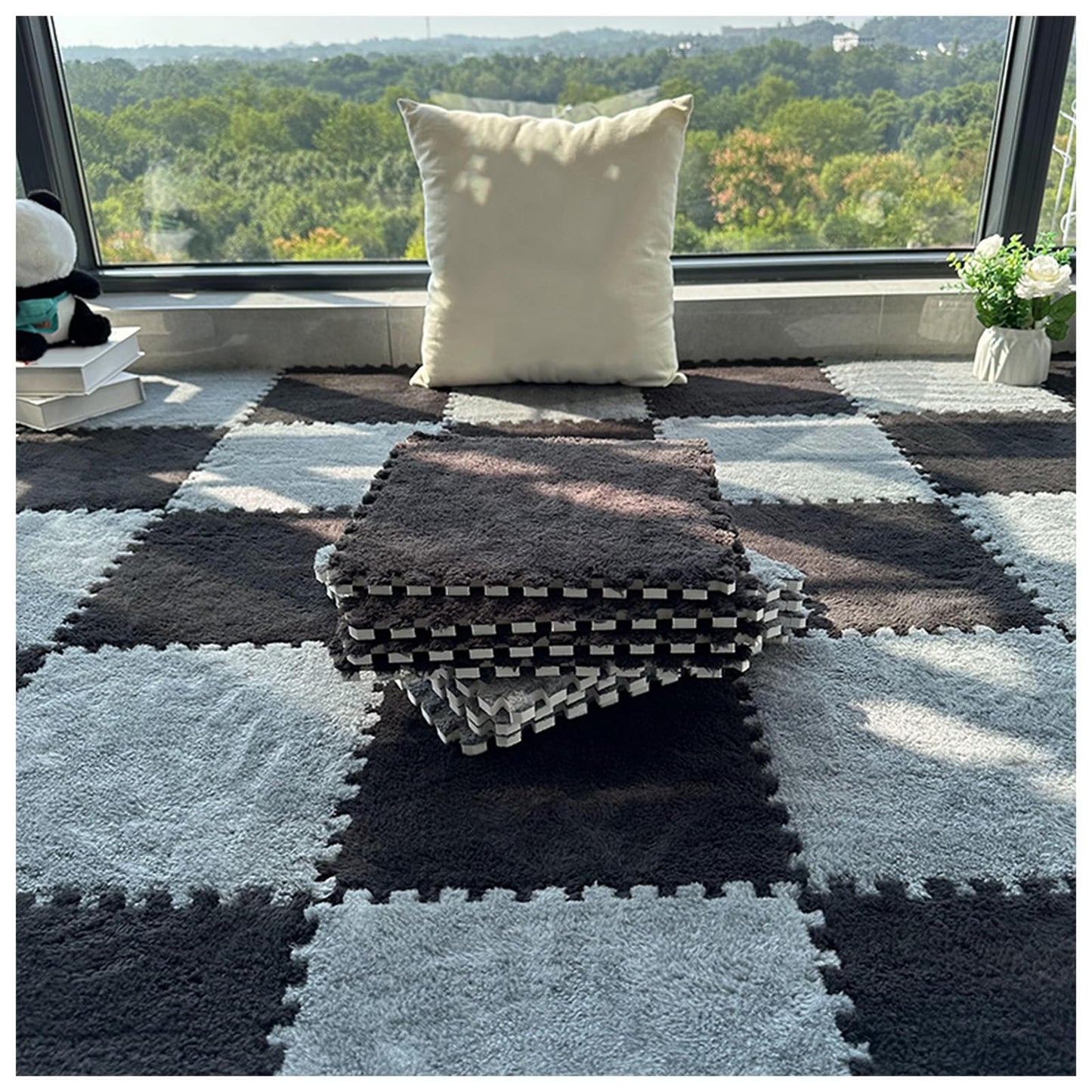 Generic 24Pcs Plush Foam Floor Mat Square Interlocking Carpet Tiles 12X12 Inch Puzzle Piece Carpet Squares Thick Fluffy Foam Floor Tiles Rug For Parlor Bedroom Gray