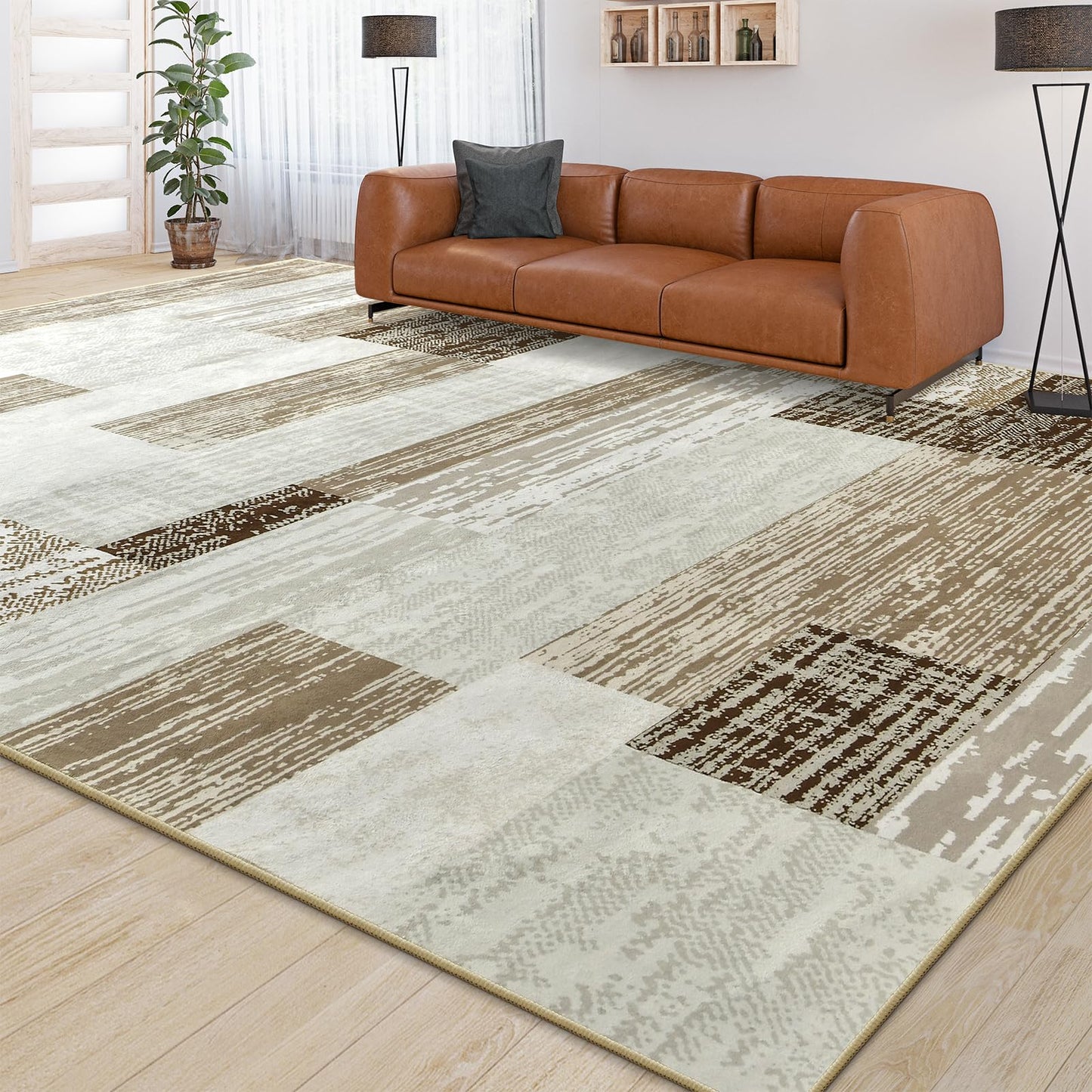 Large Area Rugs,Modern Geometric Patchwork Floor Decor for Bedroom Aesthetic Carpet, Rockwood Collection, Indoor Rugs for Living Room, Dining Room, Nursery, Office, Machine Washable Rug,5x8 Ft Beige