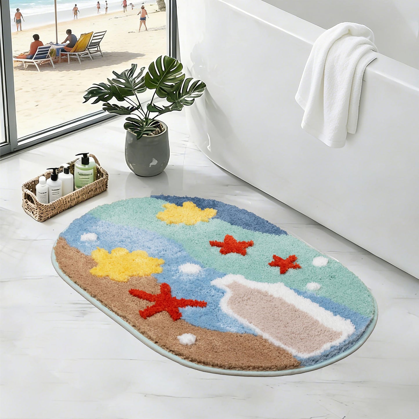 ORTIGIA Coastal Beach Bathroom Rugs Non Slip Washable, 20x32 Oval Soft Microfiber Sea Bath Mat, Quick Dry Absorbent Shower Rug for Bathroom Floor Tub Shower Sink