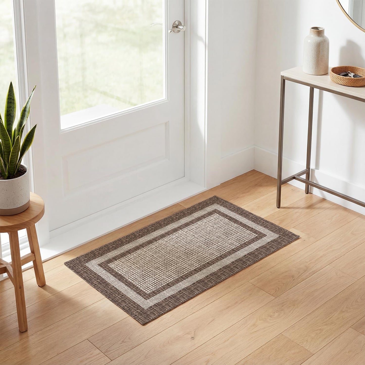 Artoid Mode Brown Rectangle Plaid Washable Doormat, Seasonal Decor Non Slip Low-Profile Absorbent Natural Rubber Back Door Mat 17x29 Inch