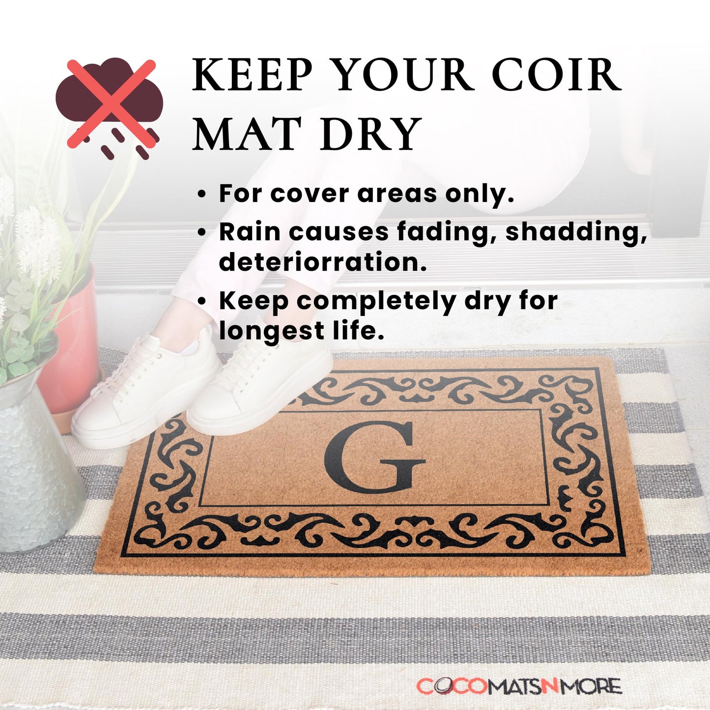COCO MATS 'N MORE Personalized Coco Coir Front Door Mat – Monogrammed Welcome Porch Mat for Home Entrance, Heavy-Duty Vinyl Backing Non Slip Mat (16" X 24" | Black | Rolling Scrolls | Made in USA)