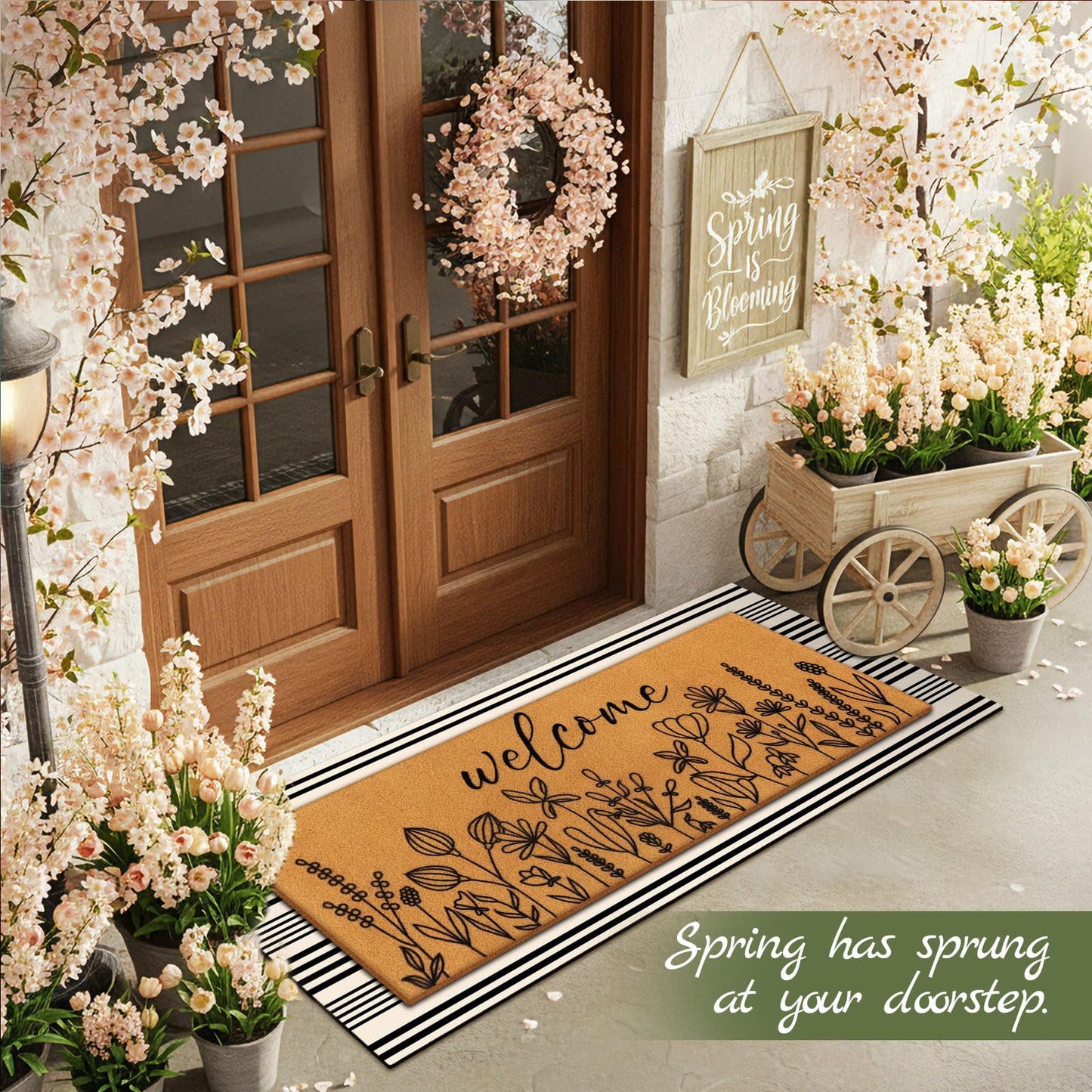 Tinideya 2 Pcs Summer Door Mat 17"x47" Wildflowers Welcome Non Slip Spring Coir Mats Black White Plaid Large Floor Layering Flowers Doormats for Front Porch Entryway Decor