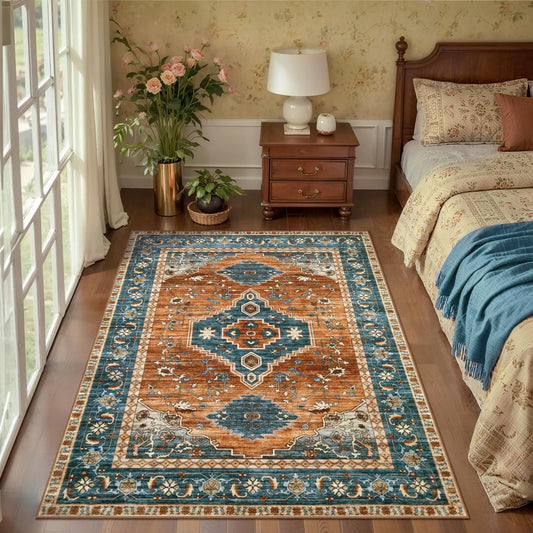 Tangsoo Oriental 3X5 Washable Rugs for Entryway, Non Slip Vintage Indoor Accent Rug Carpet, Boho Soft Low Pile Tumble Rug for Living Room Dining Bedroom Bedside Entry Home Decor Orange Blue