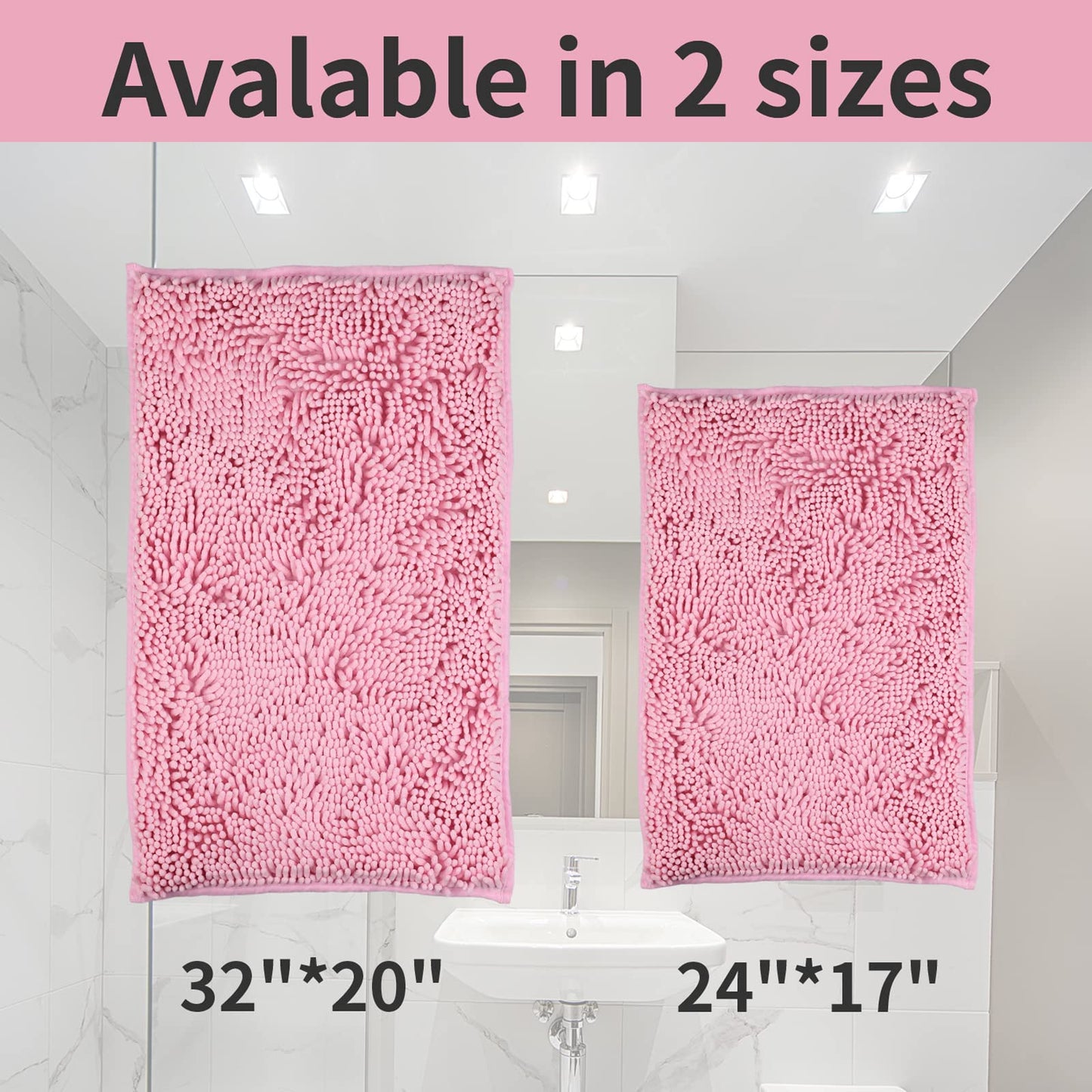 LanYunUmi Pink 2 Pieces Bathroom Rugs, Ultra Soft Non Slip Absorbent Chenille Toilet Bath Mat Set Rugs for Slip-Resistant Shag Extra and Rug Shower Room Machine-Washable Fast (Pink, 20"x32"+16"x24")