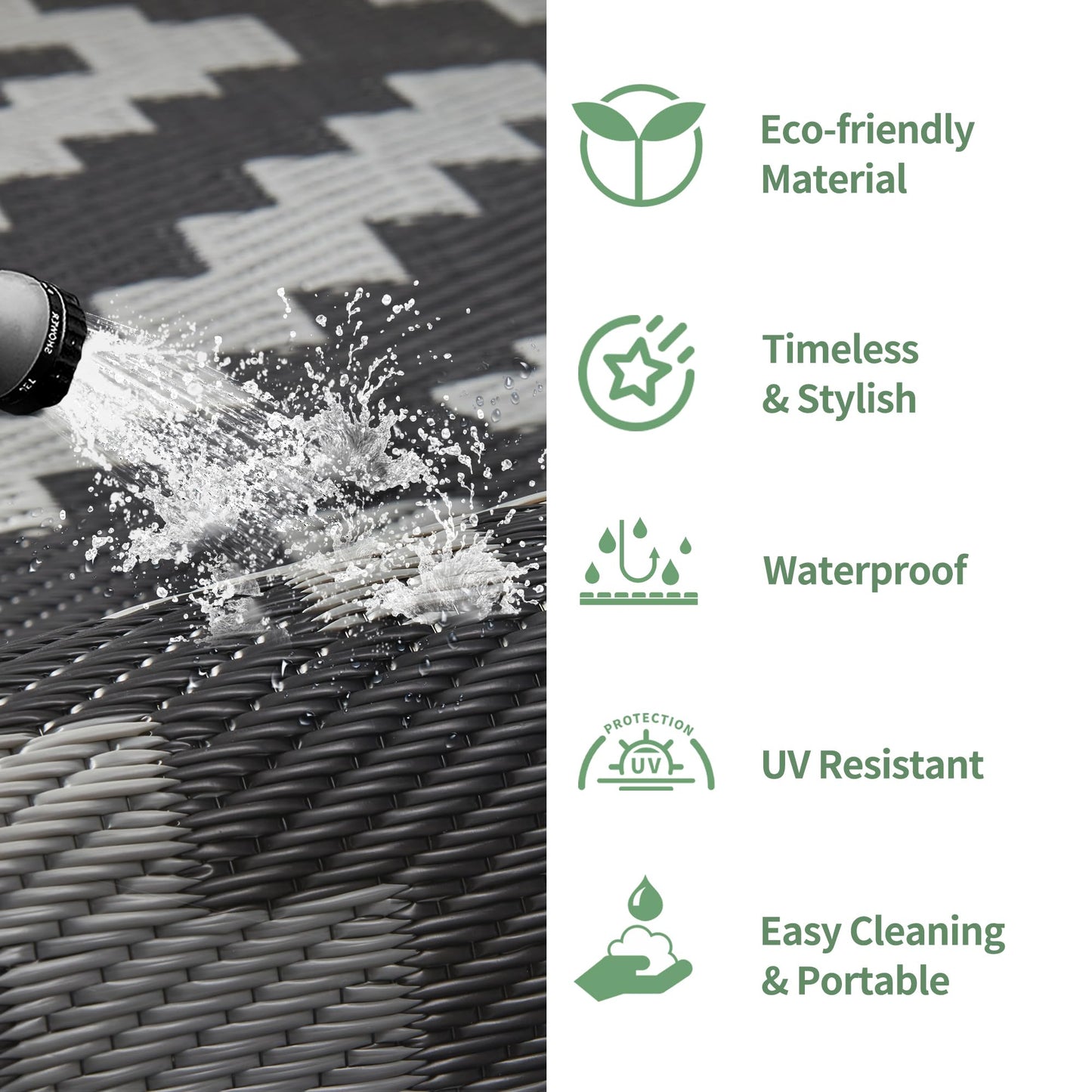 GENIMO Outdoor Rugs 8'x10' Waterproof, Reversible Mats, Area Plastic Straw Rug, Outside Carpet, Geometric Rv Mat for Patio Camping Rv Picnic Backyard Deck Balcony Porch Beach Trailer (Black & Grey)
