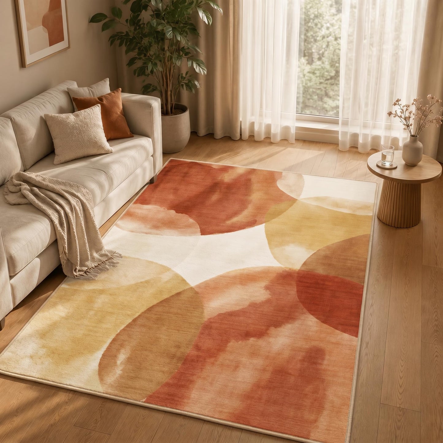 GraceSway 5x7 Area Rug, Modern Abstract Watercolor Rug in Rust Orange and Mustard Yellow, Faux Cashmere Ultra Soft Short Pile, Machine Washable, Non-Slip, for Living Room, Bedroom