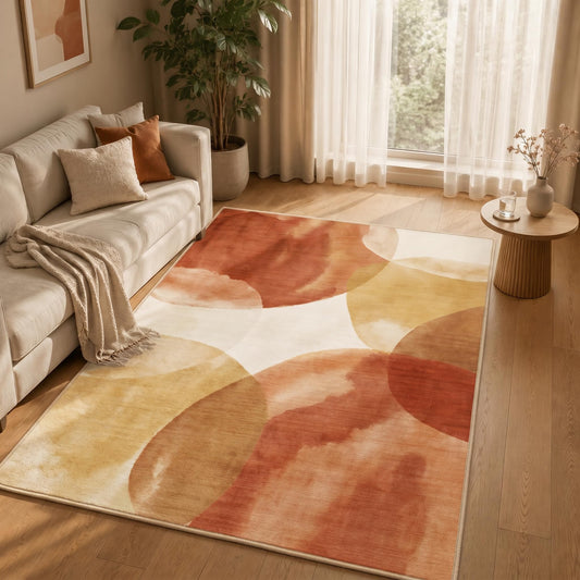 GraceSway 5x7 Area Rug, Modern Abstract Watercolor Rug in Rust Orange and Mustard Yellow, Faux Cashmere Ultra Soft Short Pile, Machine Washable, Non-Slip, for Living Room, Bedroom