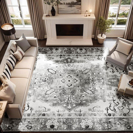 NANPIPER Area Rug, 8x10 Washable Area Rugs with Non-Slip Backing for Living Room Bedroom, Non-Shedding Distressed Rug, Vintage Print Medallion Accent Large Rug for Bedroom,Dinning Room(8'x10', Grey)