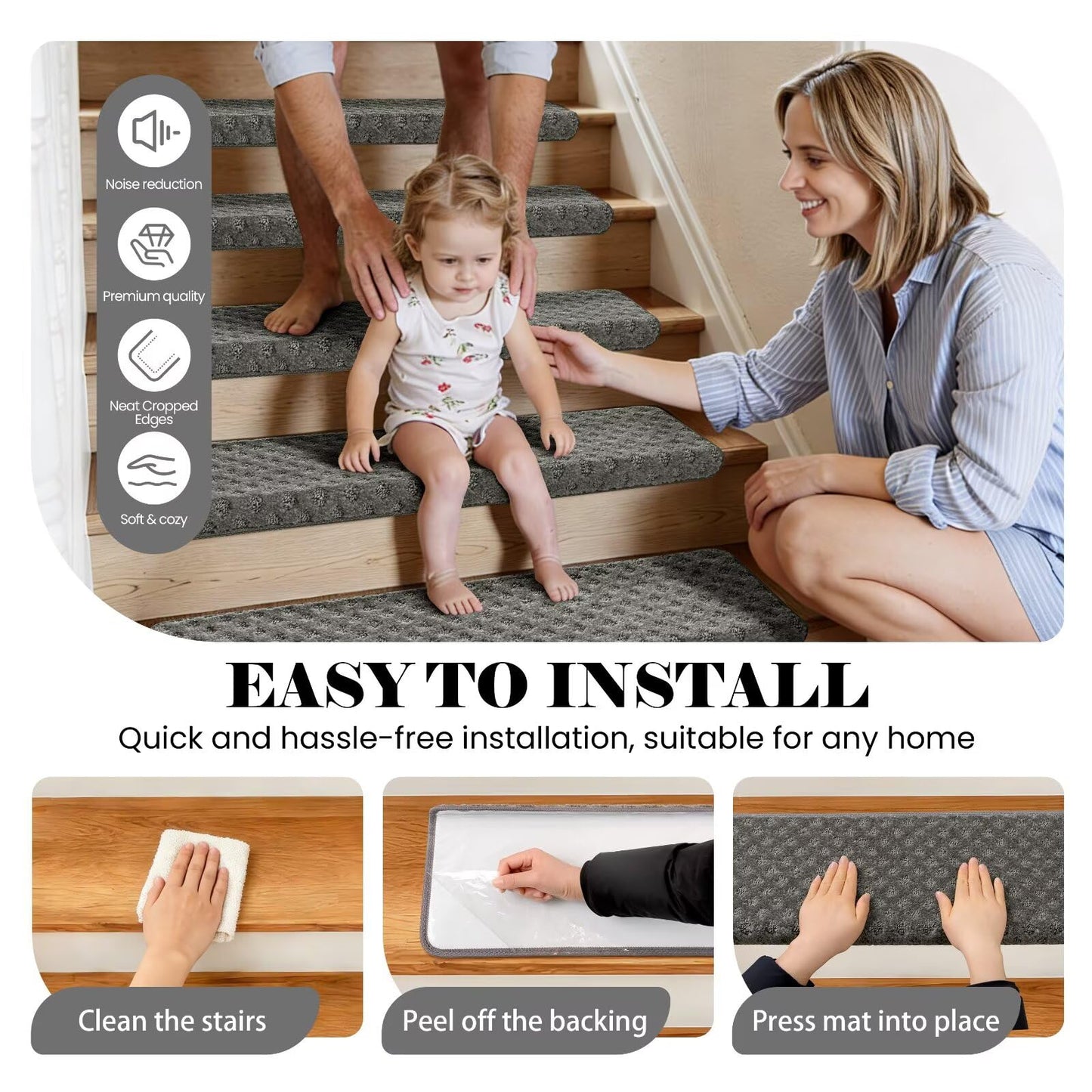 DEXDE Bullnose Carpet Stair Treads Non Slip for Wooden Steps Indoor, 30" x 9.5" x 1.7" (7 Pack) Grey - Peel and Stick Stair Runner Rugs with Edge Protection, Washable & Reusable Pet Friendly Mats