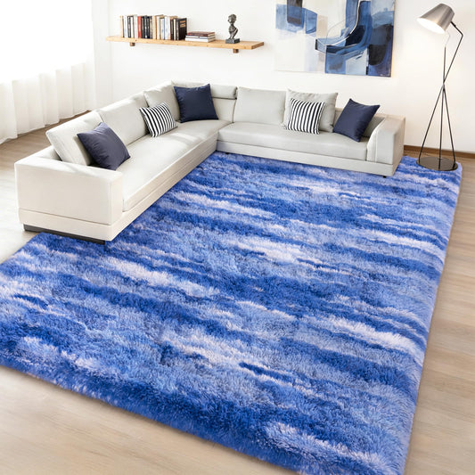 Ailyei Shag Rugs for Living Room 8x10, Ultra Soft Abstract Blue Big Fuzzy Rugs for Bedroom, 8 x 10 Fluffy Shaggy Plush Carpet Girls Kids Room Dorm Upgrade Non-Slip