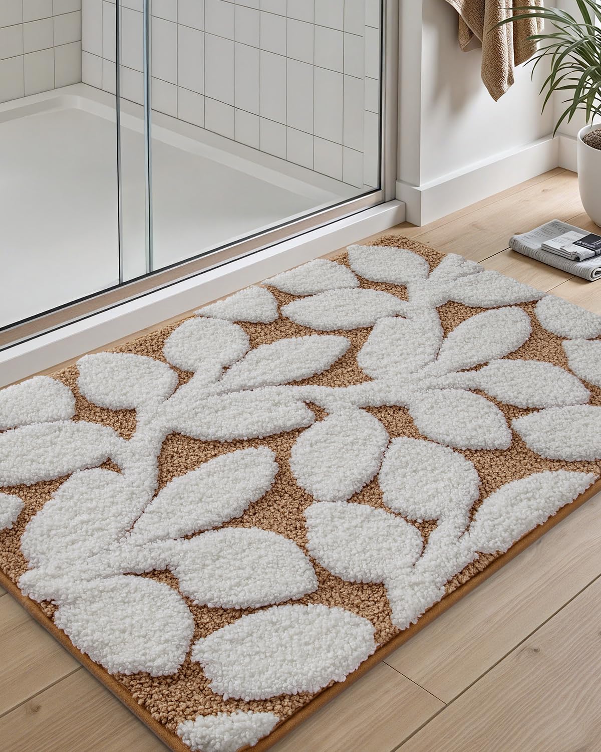DEXI Bathroom Rugs 32x20, Boho White Leaf Bath Mat, Non Slip Washable Absorbent Quick Dry Bath Rugs, Extra Soft Plush Microfiber Bathmat for Shower Floor, Tub, Sink, Brown
