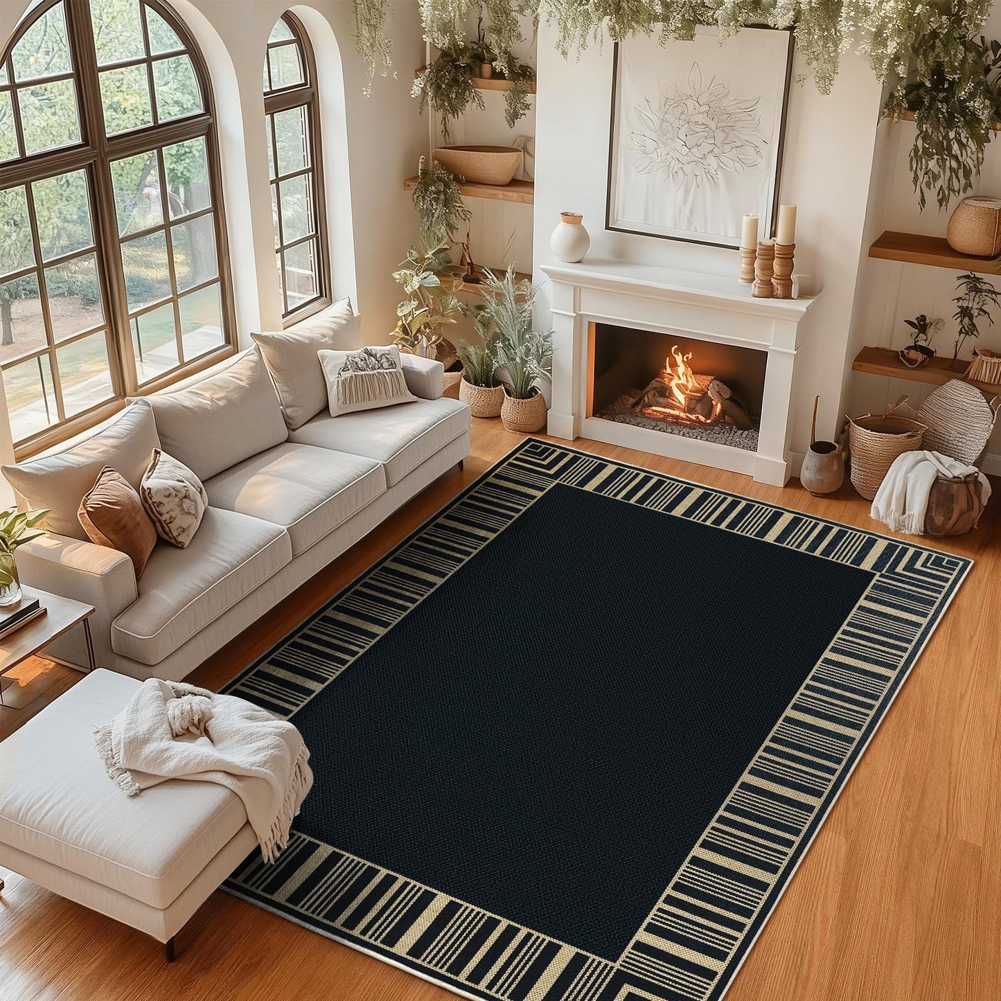 GarveeHome Striped Border Outdoor Rug 5x7 Area Rugs, Washable Rugs for Living Room Non Slip, Farmhouse Neutral Patio Carpet for Backyard Dining Room Balcony,Black