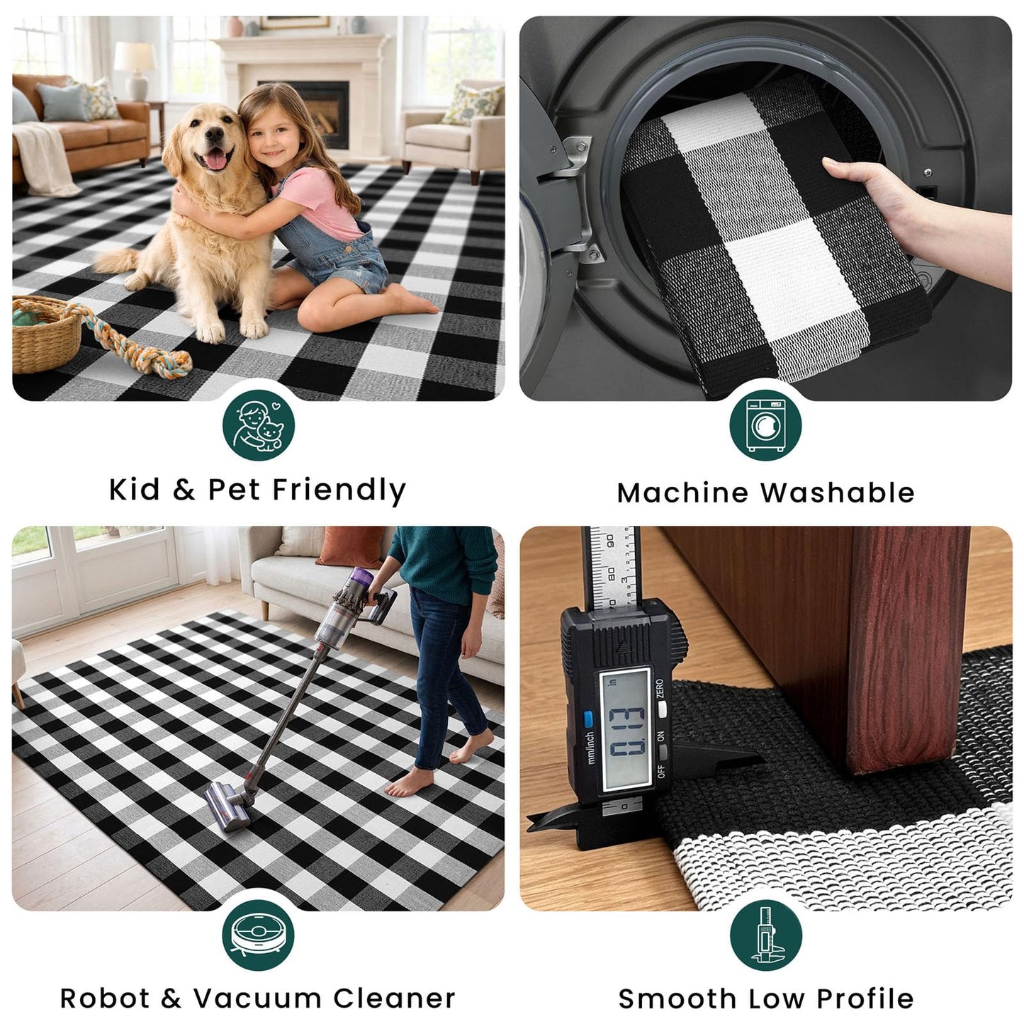 KOZYFLY Buffalo Plaid Area Rug 5x8 Living Room Rug Washable Cotton Black and White Checkered Rugs Outdoor Carpet for Dining Room Bedroom Farmhouse Patio Rugs