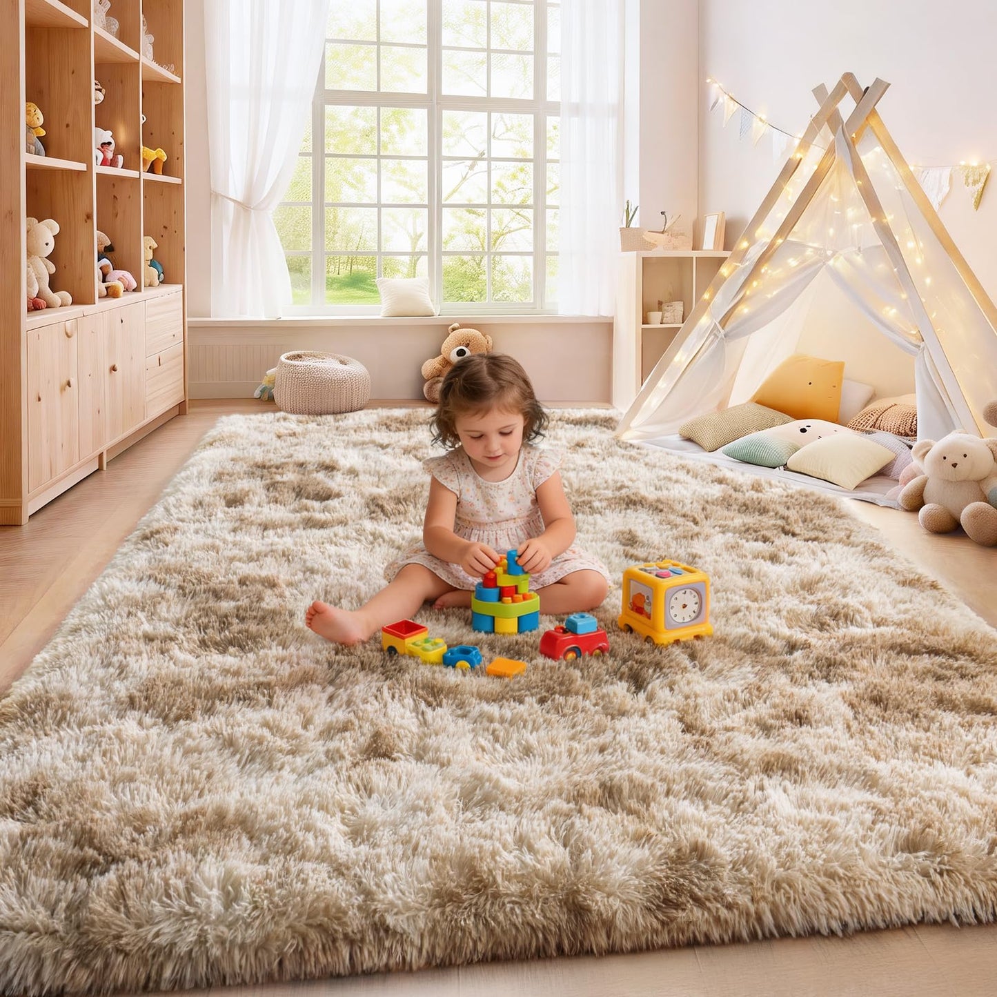 Large Plush Shaggy Rug High Pile Fluffy Rug for Living Room, Big Plush Non-Skid Shag Carpet, Soft Shaggy Rugs for Bedroom Indoor Modern Home Decor Tie Dye Camel 9x12ft