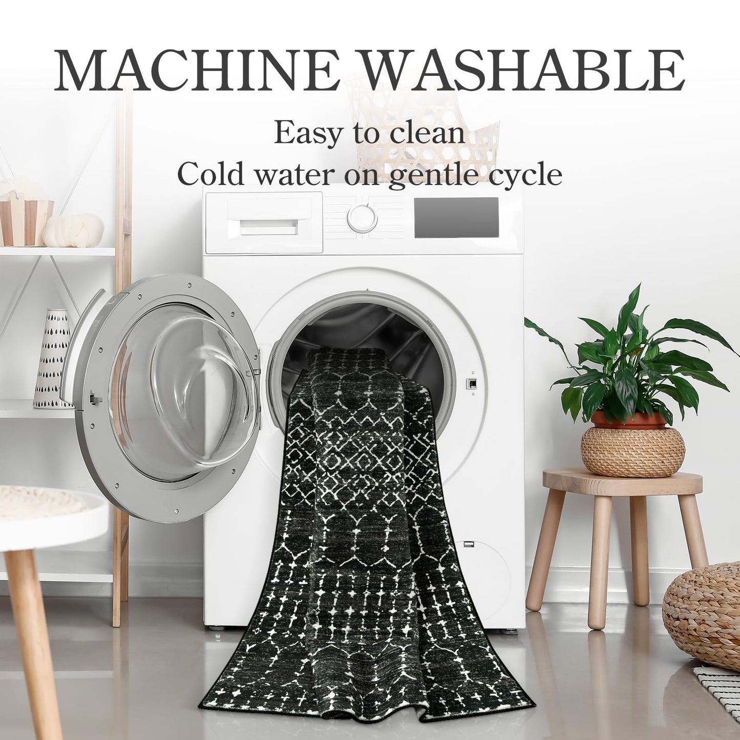 Lahome Moroccan Black Rug 2x8 Washable Non-Skid Kitchen Floor Runner, Low-Profile, Non Slip, Geometric Print Distressed Entryway Runner for Hallways, Laundry Room, Foyer Hana