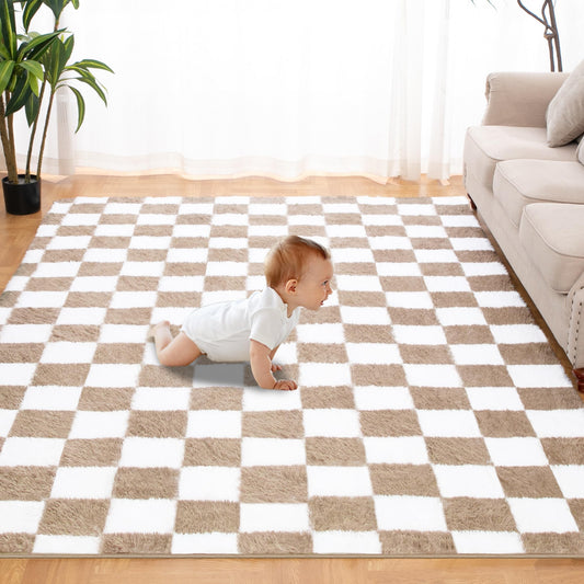Super Soft Rug for Bedroom, 5x8 Ft Beige and White Area Rug Classic Checkered Shaggy Anti-Skid High Pile Soft Fluffy Rug Fuzzy Carpet for Living Room Bedroom Kids Room Nursery, Dorm Home Decor