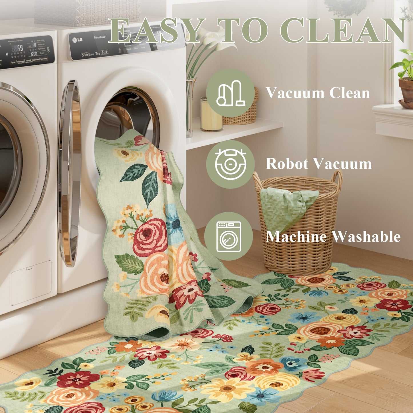 DUKINO 2x3 Entryway Rug, Floral Washable Indoor Door Mat with Non-Slip Backing, Soft Low Pile Small Front Door Throw Rugs for Entryway, Kitchen, Bedroom, Laundry, Bathroom, Green