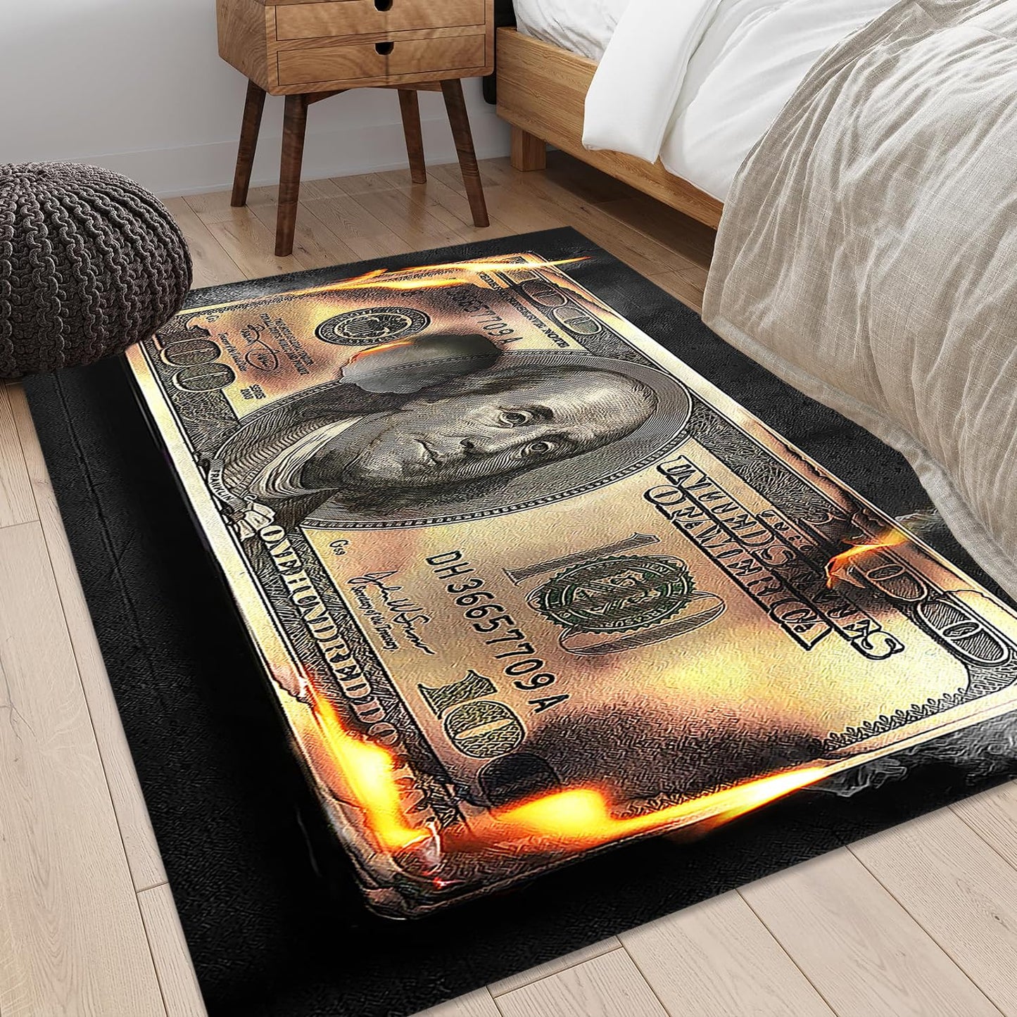 DVKKHD Burning 100 Dollar Bill Area Rug 4x6, Black Gold Room Decor Carpet