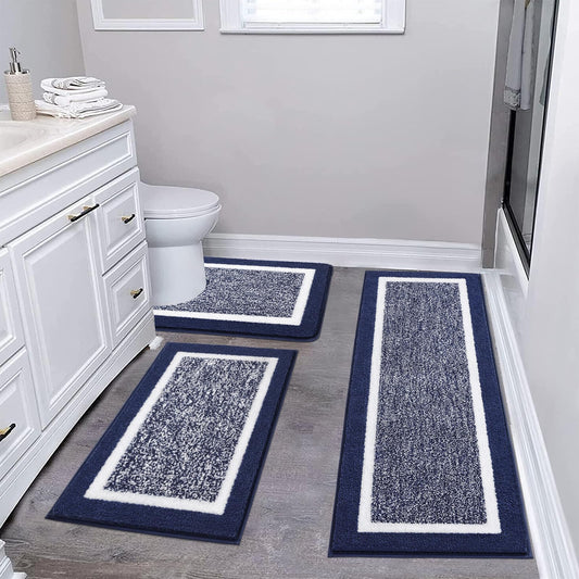 Pauwer 3 Piece Bath Mat Set, Non-Slip Plush Rugs, Absorbent Shaggy Set With U-Shaped Contour Toilet Mat for Bathroom, Bedroom, Living Room, Navy