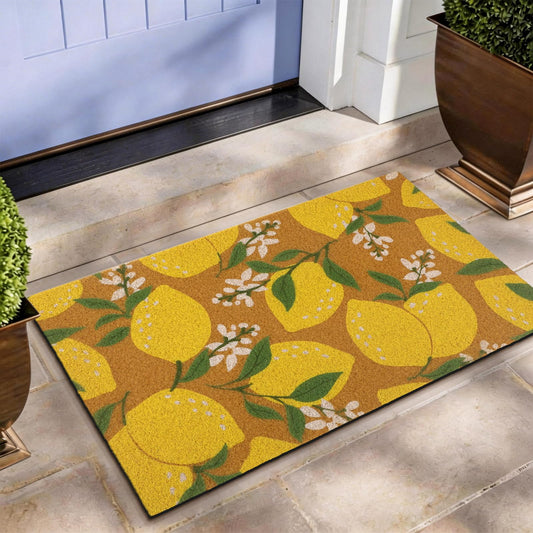 Tinideya Outdoor Lemon Door Mat with Floral Design, Non Slip Coir Doormat for Front Door, 29 x 17 Inch, Spring Summer Entry Rug for Porch Patio Farmhouse Decor