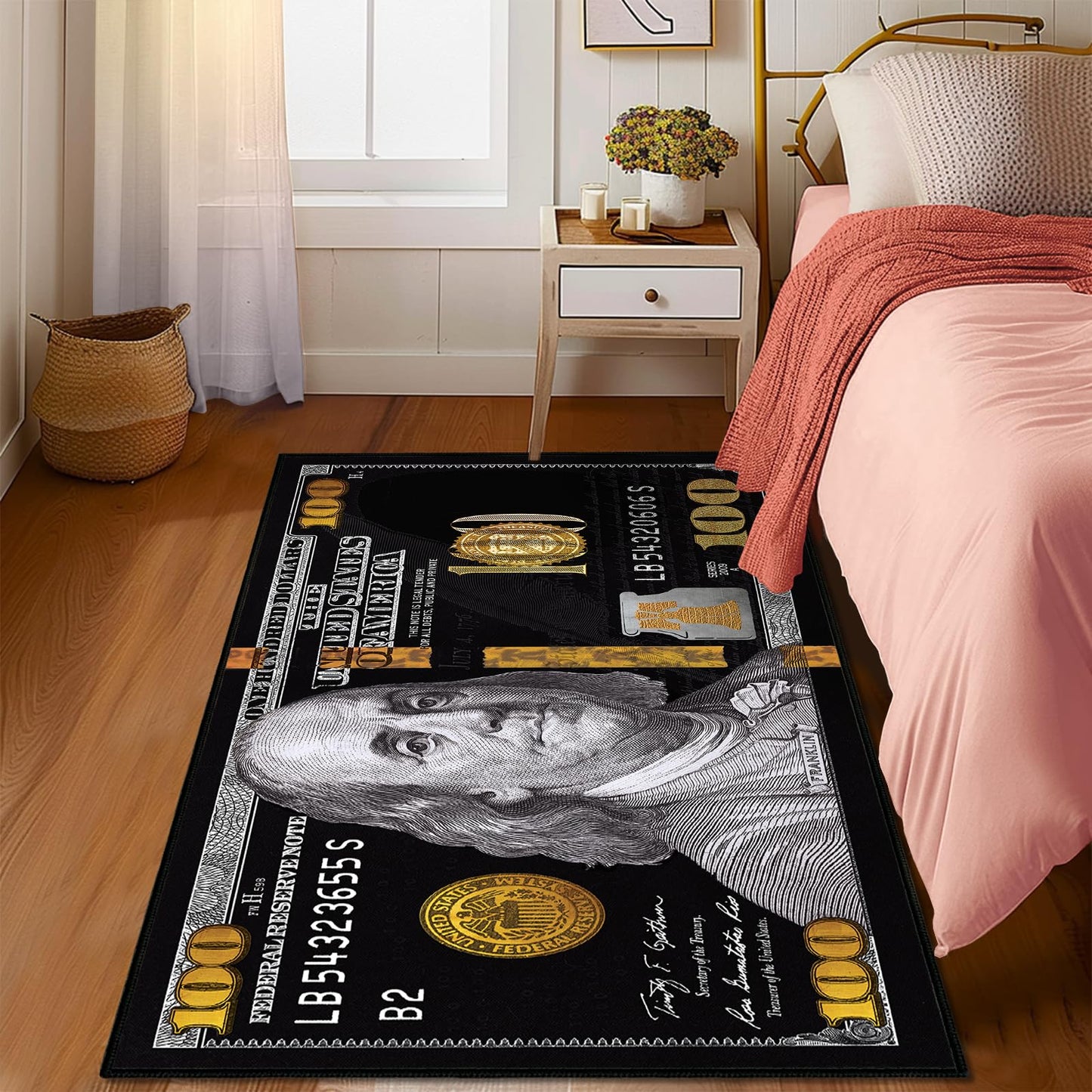 Money Rugs for Living Room 4x6 Area Rug for Bedroom,100 Dollar Bill Throw Rug Washable Rugs Indoor,Hundred Dollar Bills Area Carpet Non Slip Soft Floor Carpets Mat for Dining Room,Laundry,Office,Black