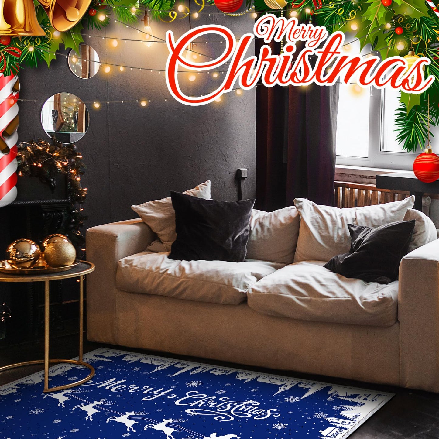 Dunzy Christmas Rug 5 x 7 ft Blue Snowflakes Merry Christmas Area Washable Rug Winter Village Xmas Non Slip Soft Indoor Decor for Kitchen Entryway Bathroom Bedroom Laundry Room