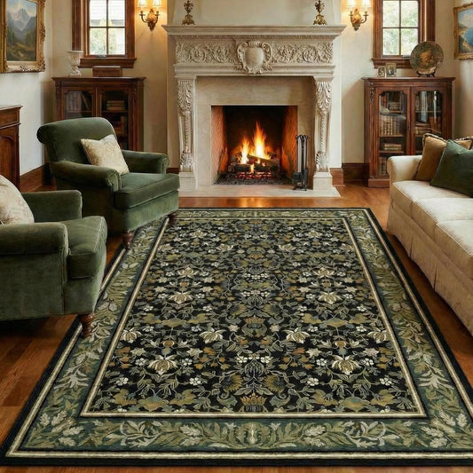 GarveeHome 5x7 Washable Area Rugs for Living Room, Boho Vintage Rug Non Slip Low Pile Stain Resistance Indoor Soft Large Throw Carpet for Bedroom Dining Room Office Green Black