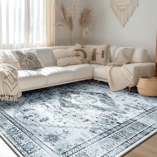 BESTSWEETIE 8x10 Area Rug for Living Room Washable Rugs No Pile Carpet for Entryway Bedroom Dinning Room Playroom Vintage Boho Carpet Print Distressed Non-Slip, 8 x 10 ft, Gray Black