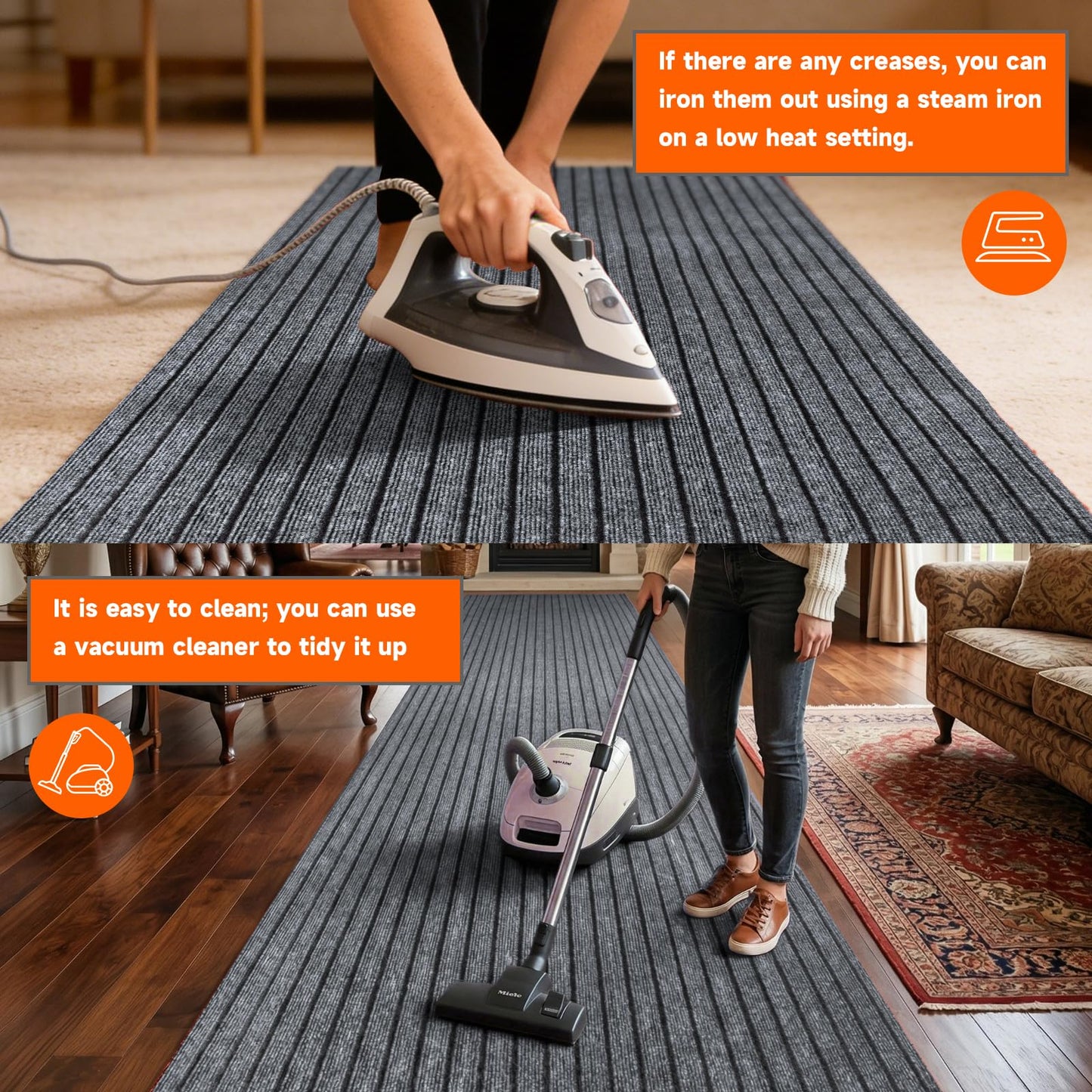 Indoor Outdoor Runner Rug 3 x 10 ft, Gray Non Slip Rubber Backed Floor Runner, Low Profile Area Carpet for Hallway, Kitchen, Entryway, Balcony, Garage, Stairs & Laundry, Stripe