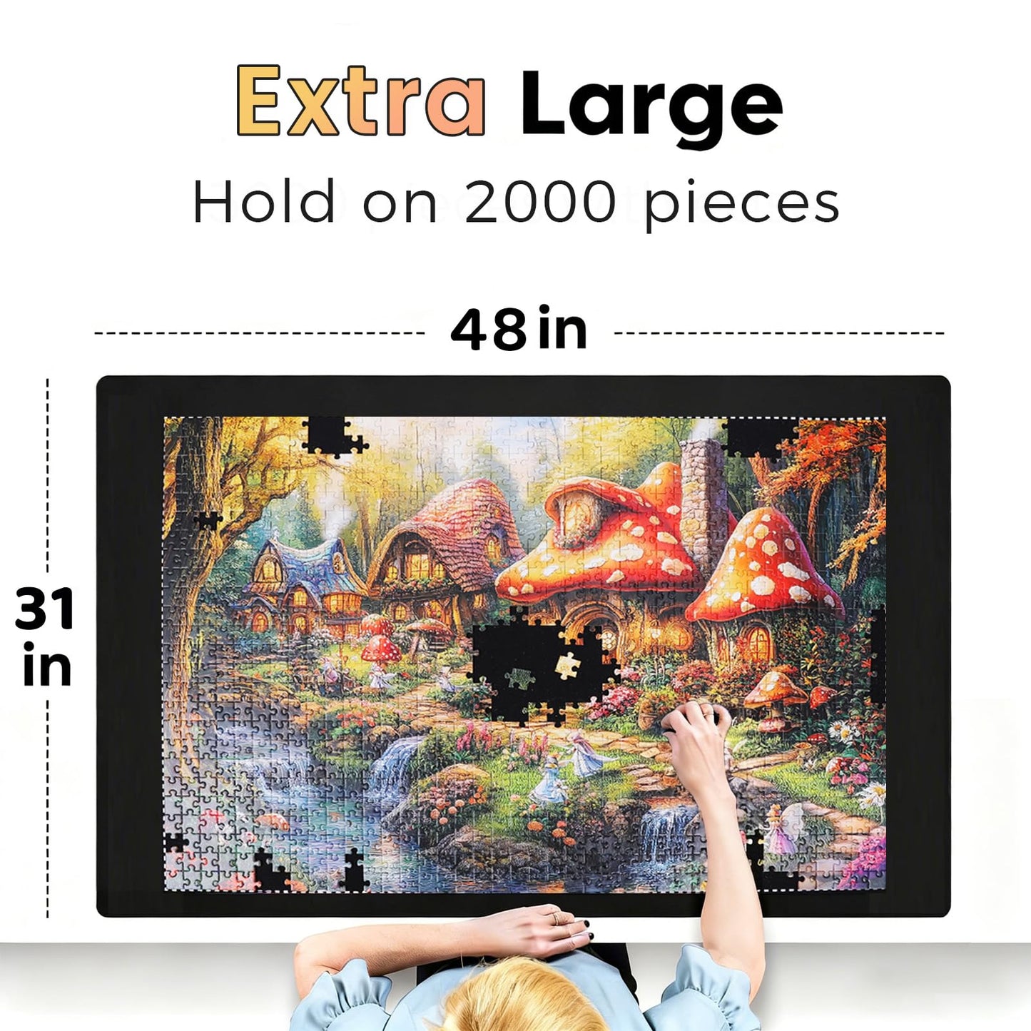 Lwoeo Jigsaw Puzzle Mat Roll Up 2000 Pieces, Black 48” x 31” Smooth Top Saver Pad, Large Rubber Puzzel Matt Rollup with 6 Sorting Trays & Travel Storage Bag for Sorting Table, Board, Puzzles Mats