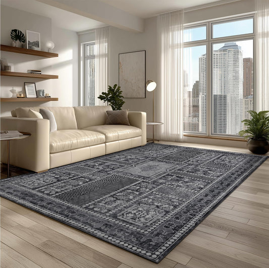 Washable 6x9 Area Rug for Living Room, Carpet for Bedroom Dining Room, Non Slip&Non-Shedding Resistant Low Pile Vintage Print Rug for Home Office (Grey)
