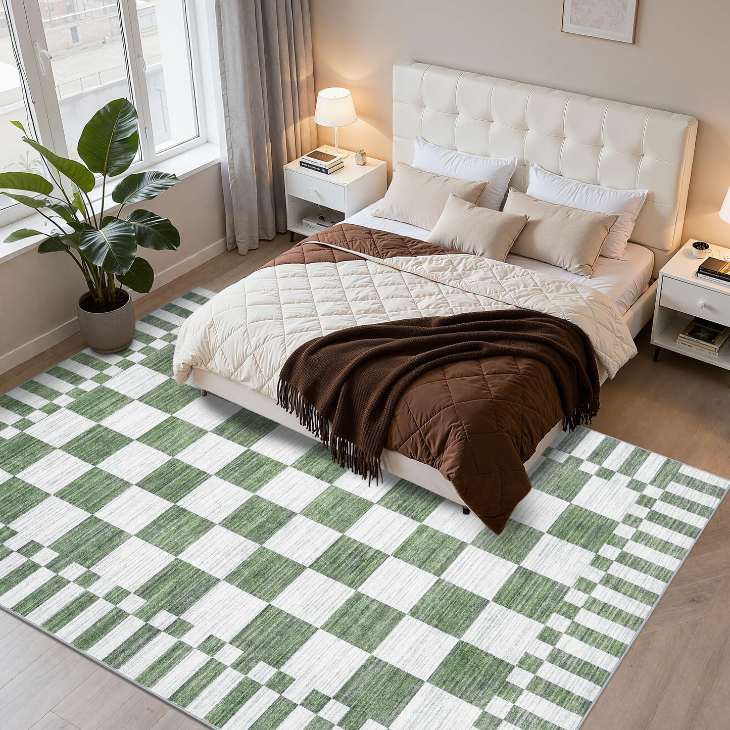 GarveeHome 8×10 Area Rugs for Living Room,Sage Green Checkered Rug, Non-Slip Washable Rugs 8x10,Soft Low-Pile Farmhouse Geometric Modern Rug for Bedroom Dining Room