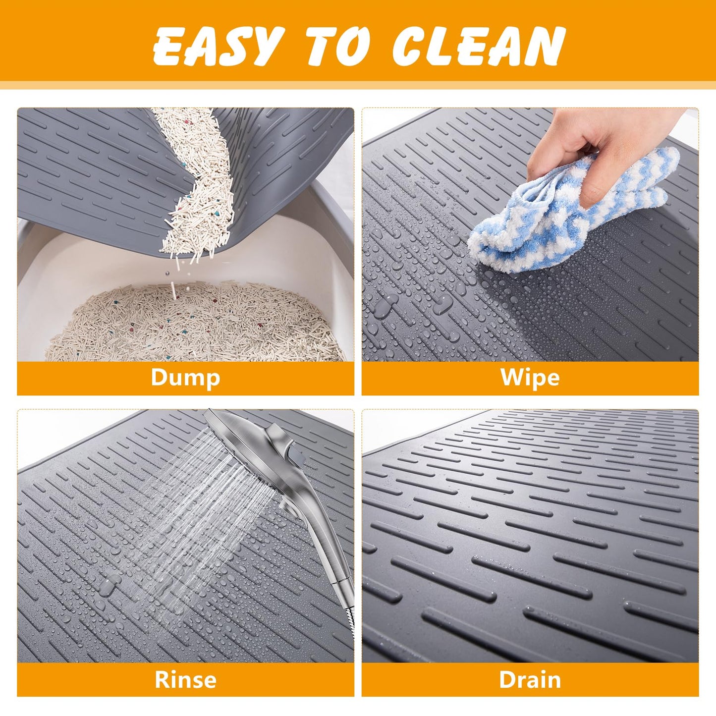 Silicone Cat Litter Mat, 28x20 in Waterproof Litter Box Mat Cats Feeding Mats with Raised Edges, Quick Clean Desig (Grey)