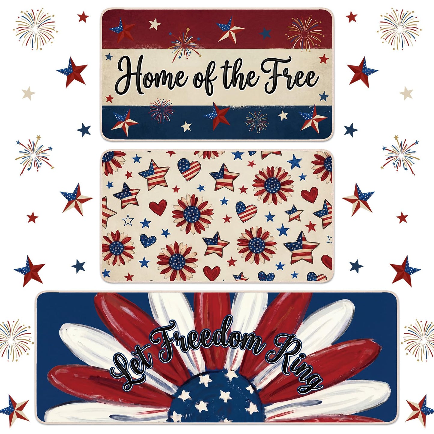 Dunzy 3 Pcs 4th of July Kitchen Rugs Independence Day Patriotic Kitchen Mats American Rugs Non Slip Washable Mats for Floor Home 250th Anniversary Decor, 17 x 30, 17 x 30 and 17 x 47 inch