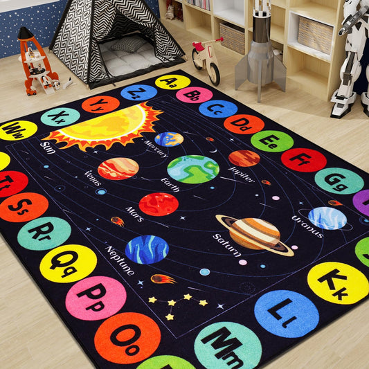 AKASISRUG Outer Space Kids Rug Carpet for Playroom, ABC Educational Learning Area Rug, Non-Slip Solar System Road Play Play Rug for Kids Bedrooms, Classroom, Room Decor (Black, 59X39.4 INCH)