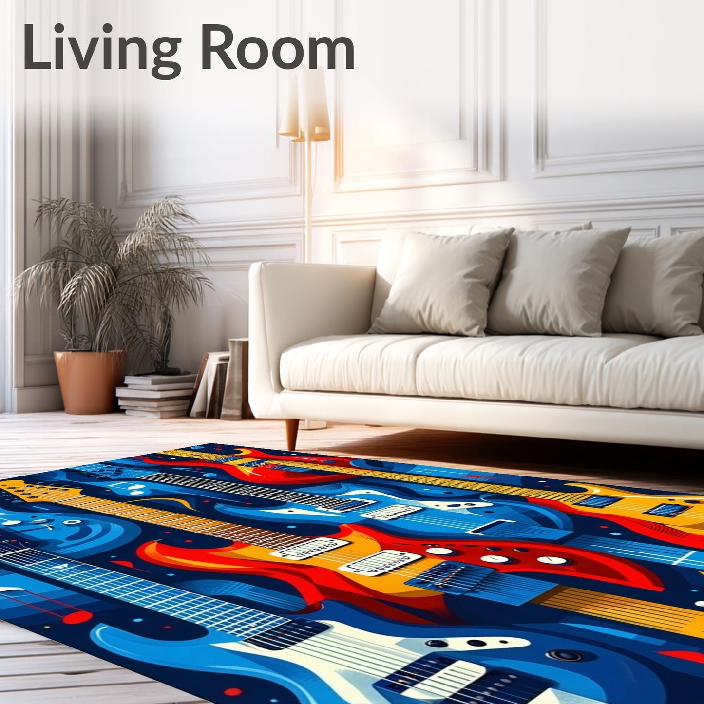 ODIKA Flatwoven Area Rug 6x9 ft, Electric Guitar Fantasy Music Inspired Circle Design, Non Slip, Stain Resistant, Washable High Traffic Area Rugs for Living Room, Bedroom Decor