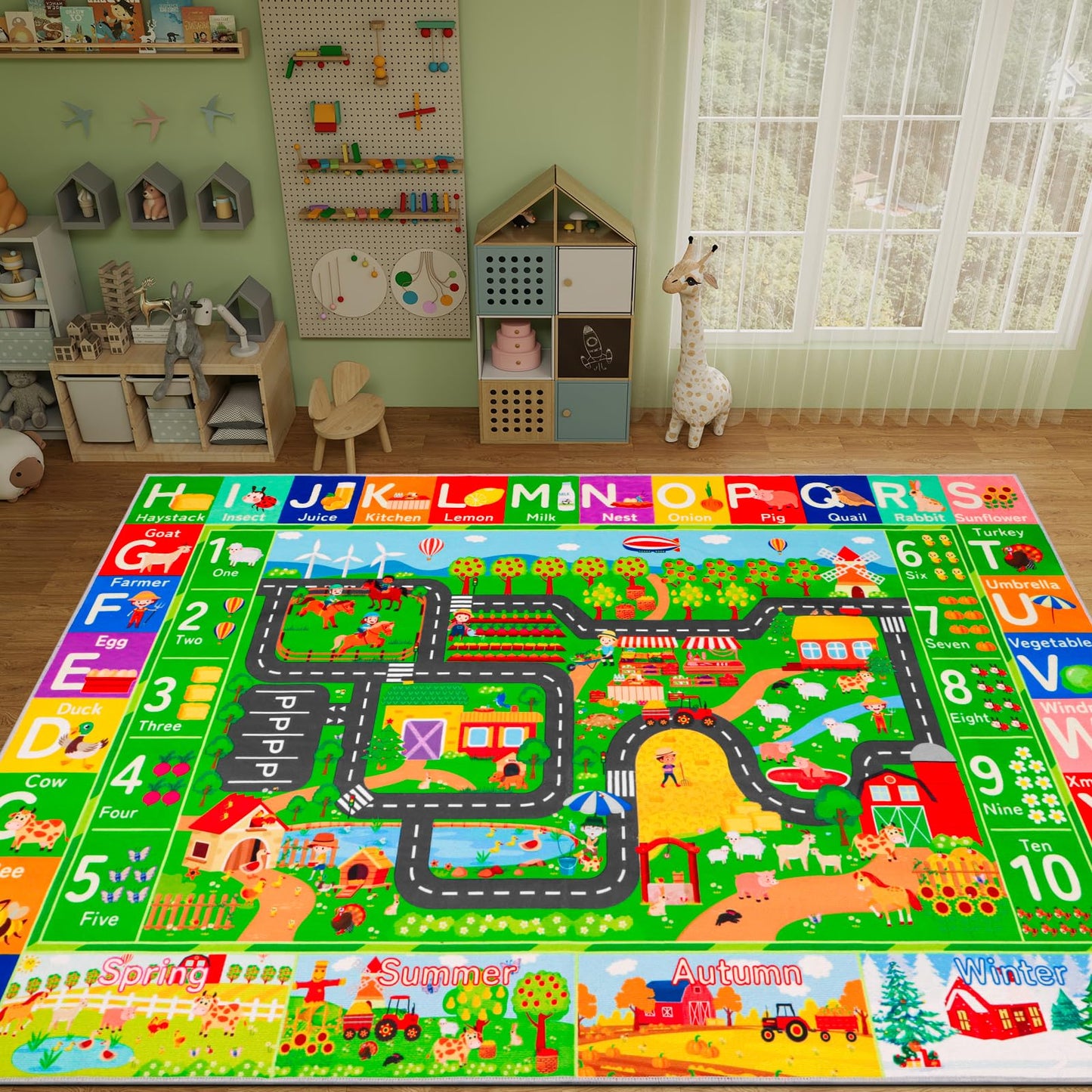 DINSUMRUG Kids Rugs for Toy Cars Playroom 59"×39.4" ABC Farm Life Road Traffic Kids Car Road Rugs Village Map Play Mat for Boys Room Family Tummy Time Playtime Learning Carpet