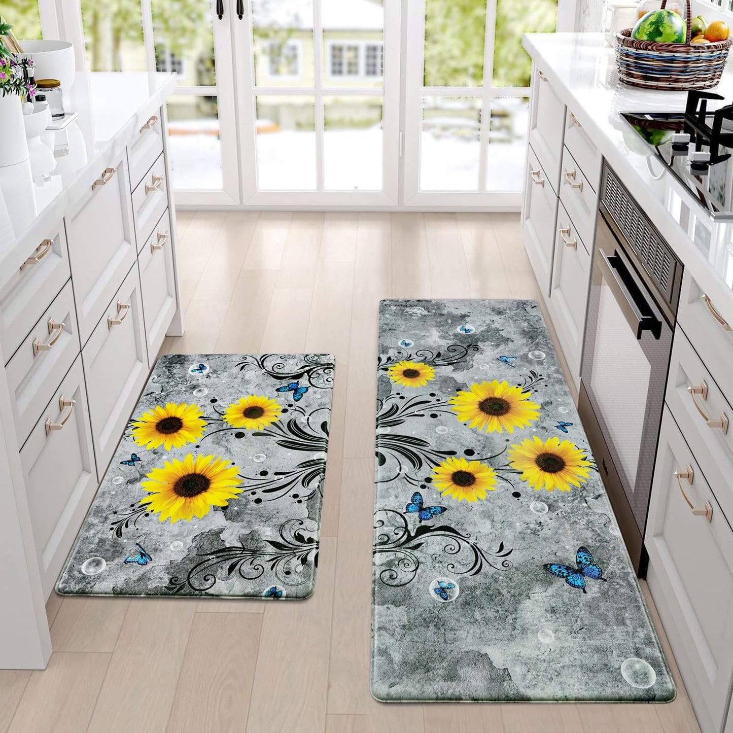 Likiyol Sunflower Kitchen Rugs Sets of 2 Kitchen Mats for Floor Anti Fatigue Mats for Kitchen Floor, Spring Kitchen Rugs Non Slip was Washable, Floral Standing Floor Mats, 18''x30''+18''x48'' (Gray)