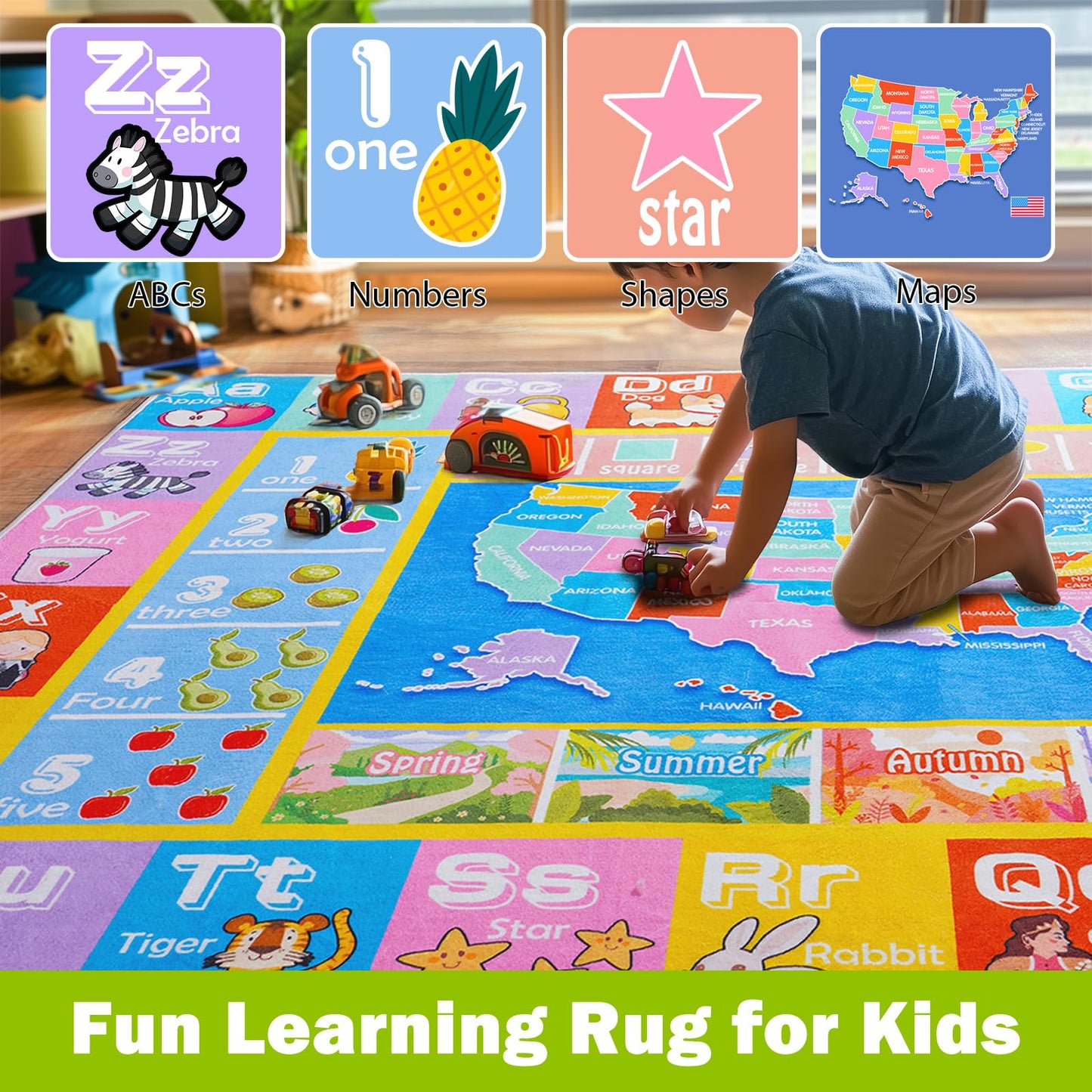 OHDS Kids Rugs for Playroom - Soft & Non-Slip 3x4 Feet Educational Rug for Learning ABC Alphabet, Numbers, Shapes & Map, Washable Classroom Rug for Toddler Nursery & Kids Room Decor