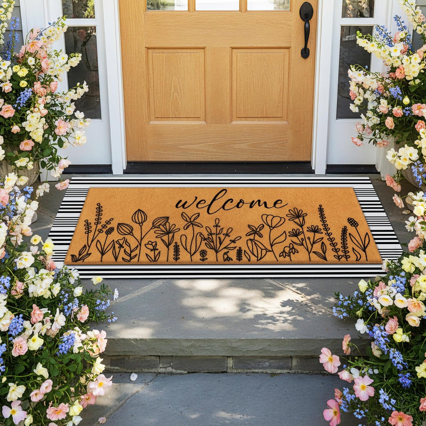 Tinideya 2 Pcs Summer Door Mat 17"x47" Wildflowers Welcome Non Slip Spring Coir Mats Black White Plaid Large Floor Layering Flowers Doormats for Front Porch Entryway Decor