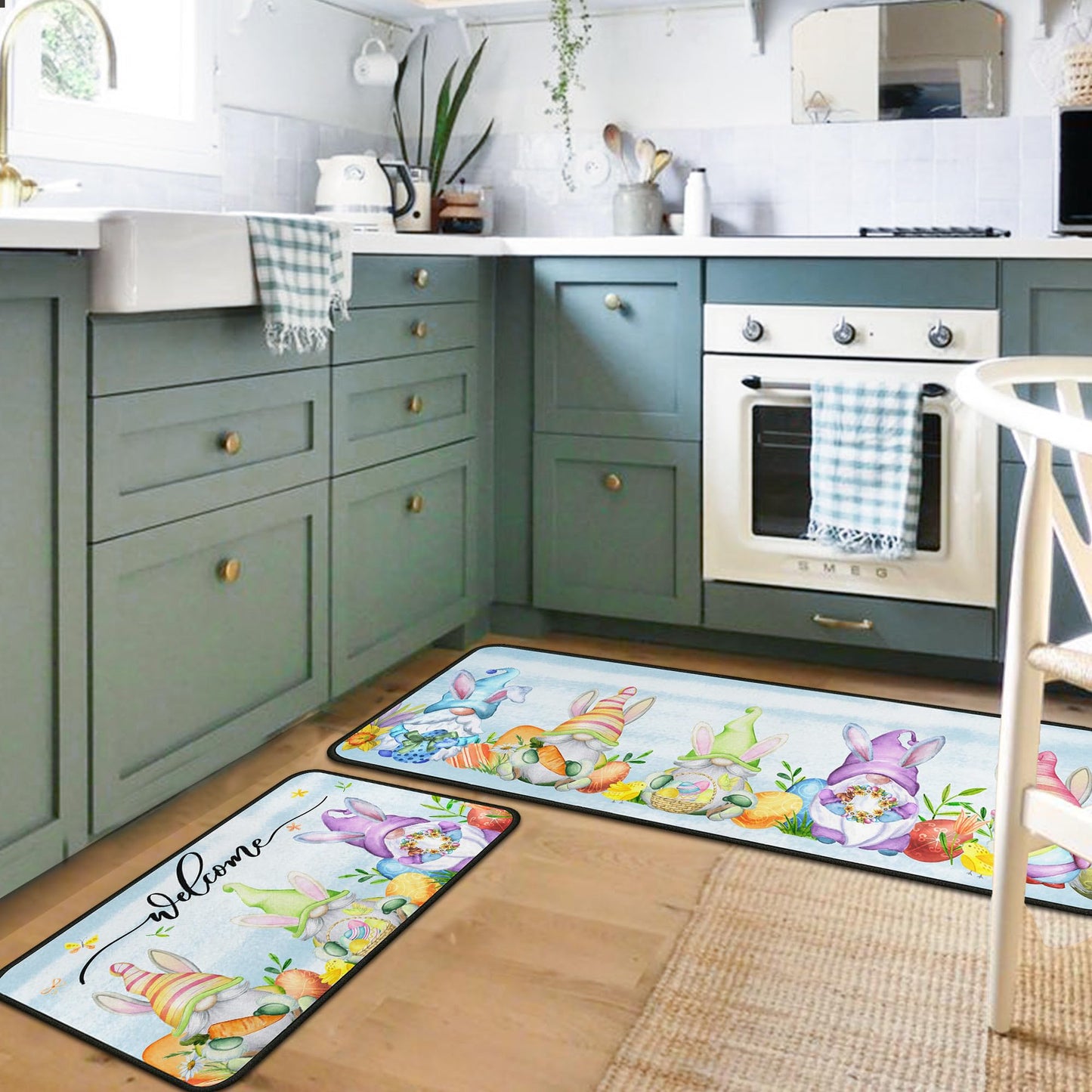 flippana Easter Kitchen Rugs and Mats for Floor Non-Slip Backing Easter Gnome Mat Easter Decorations for Home Welcome Spring Kitchen Rug Sets with Runner (Happy Easter 06, 17"x47.2"+17"x30")