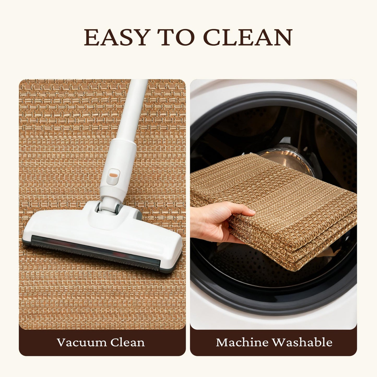 MatEssenz 2x6 Washable Runner Rug, Textured Natural Woven Low-Profile Hallway Runner with Non-Slip Backing, Neutral Brown, for Kitchen, Laundry Room, Entryway