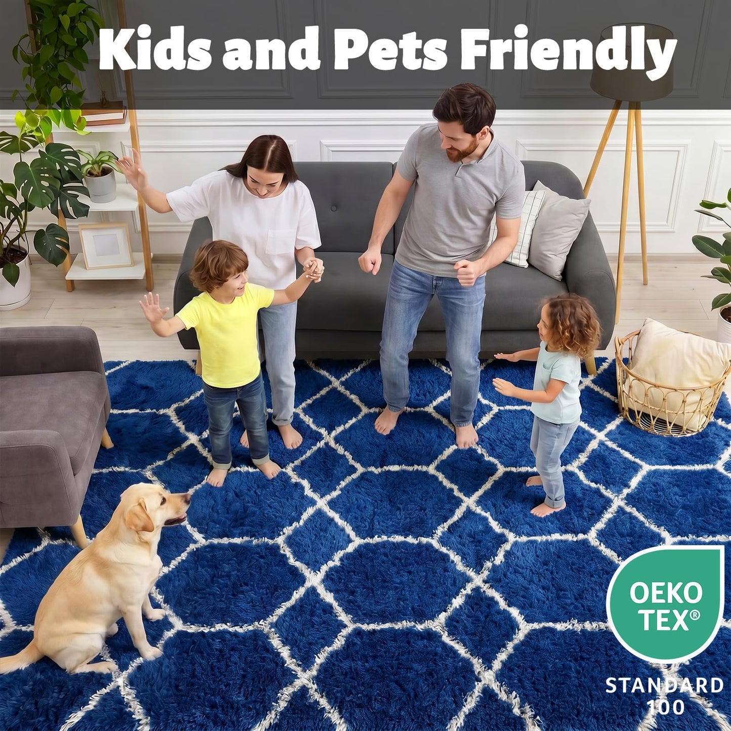 ONASAR Area Rugs for Bedroom Living Room, 4x6 Fluffy Navy Blue and White Throw Rug for Home Decor, Geometric Soft Shaggy Plush Floor Carpet for Kids Girls Boys Teen Nursery Dorm Office
