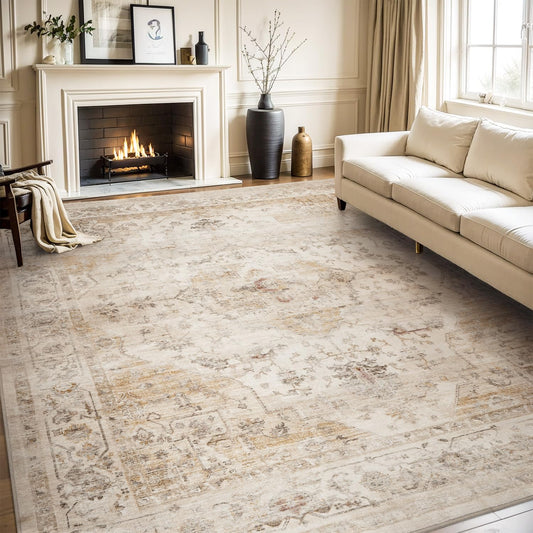AMOAMI-Area Rug 8FT X 10FT Rugs for Living Room-Vintage Soft Beige Rugs for Bedroom-Non Slip Carpet-Washable Rug for Dining Room Living Room Bedroom Office Under Table